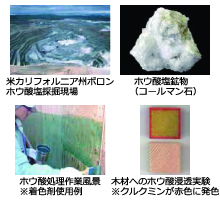 米カリフォルニア州ボロンのホウ酸塩採掘現場。ホウ酸塩鉱物（コールマン石）。ホウ酸処理作業風景（着色剤使用例）。木材へのホウ酸浸透実験（クルクミンが赤色に発色）。